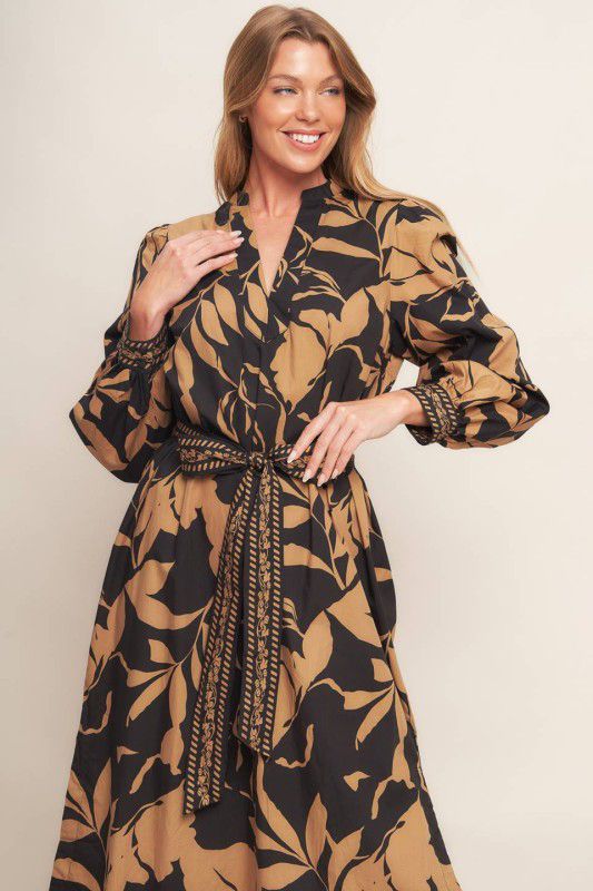 Vestido hojas camel