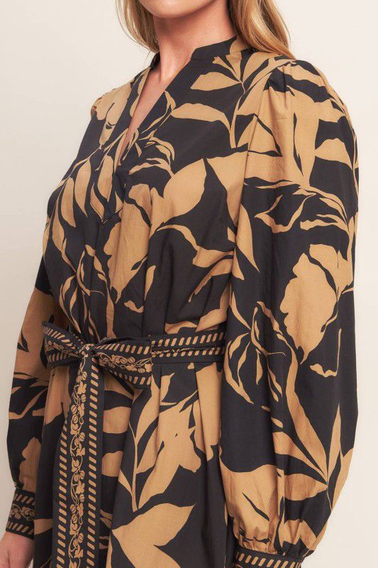 Vestido hojas camel