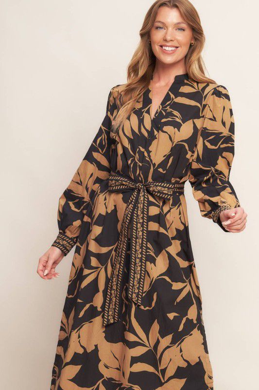 Vestido hojas camel