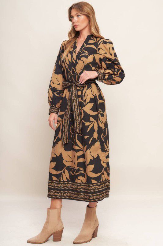 Vestido hojas camel