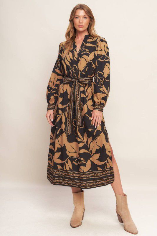 Vestido hojas camel